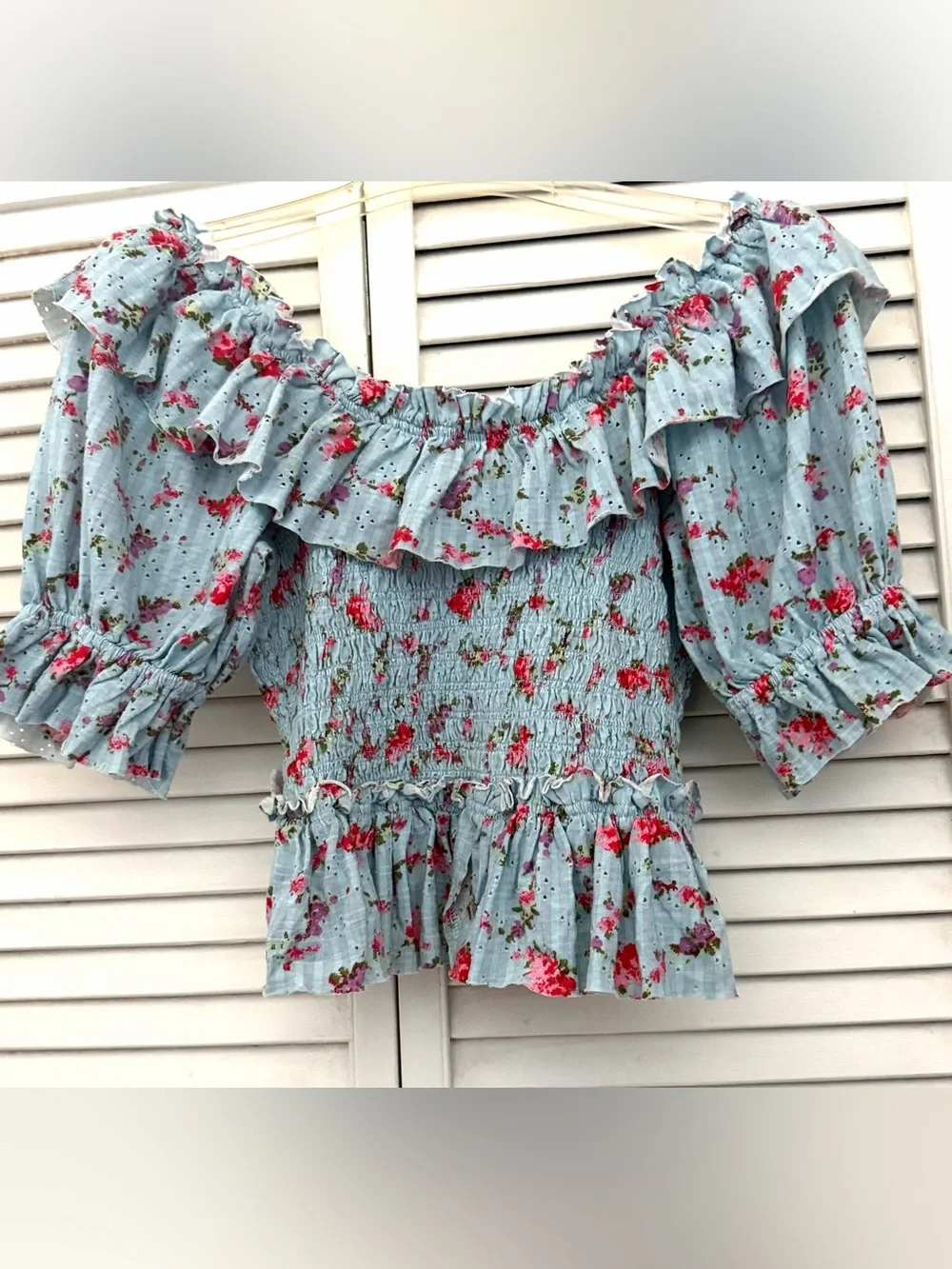 Free People Light Blue Floral Favorite Girl Smocked Ruffle Top